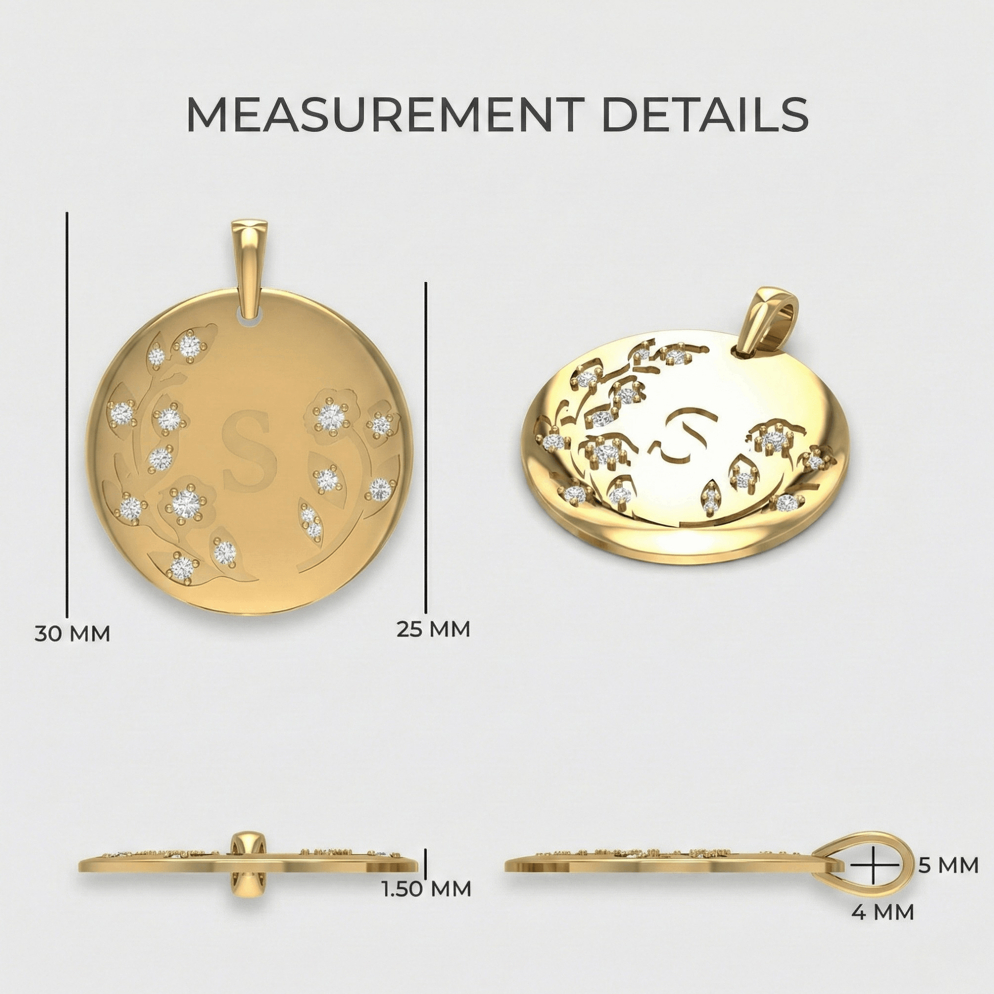 Botanical Initial Diamond Disc Pendant in 14K Solid Gold, Personalized Gold Coin Charm, Floral Letter Pendant, Custom Monogram Jewelry, Gift for Her