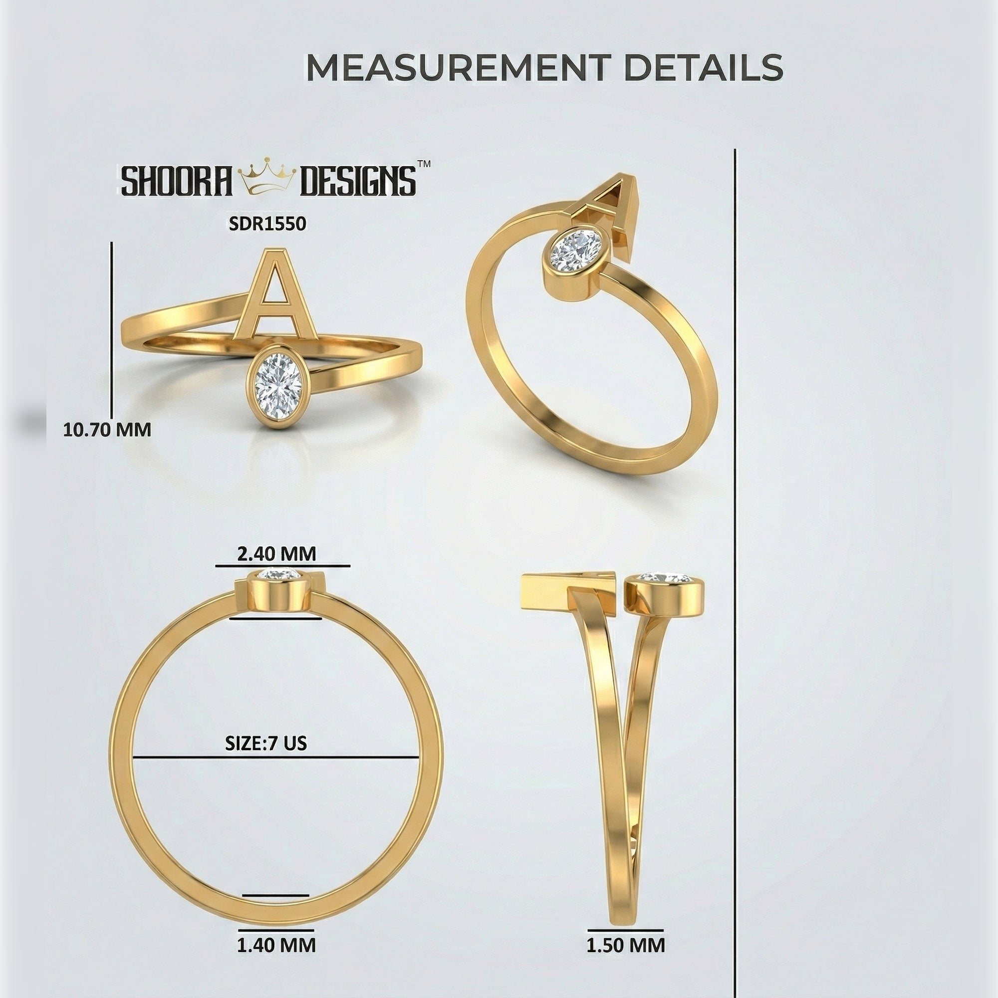 Trending Oval Cut Diamond and Initial Open Ring in 14K Solid Gold, Personalized Dainty Gold Cuff Ring, Custom Letter Bypass Jewelry, Gift for Her