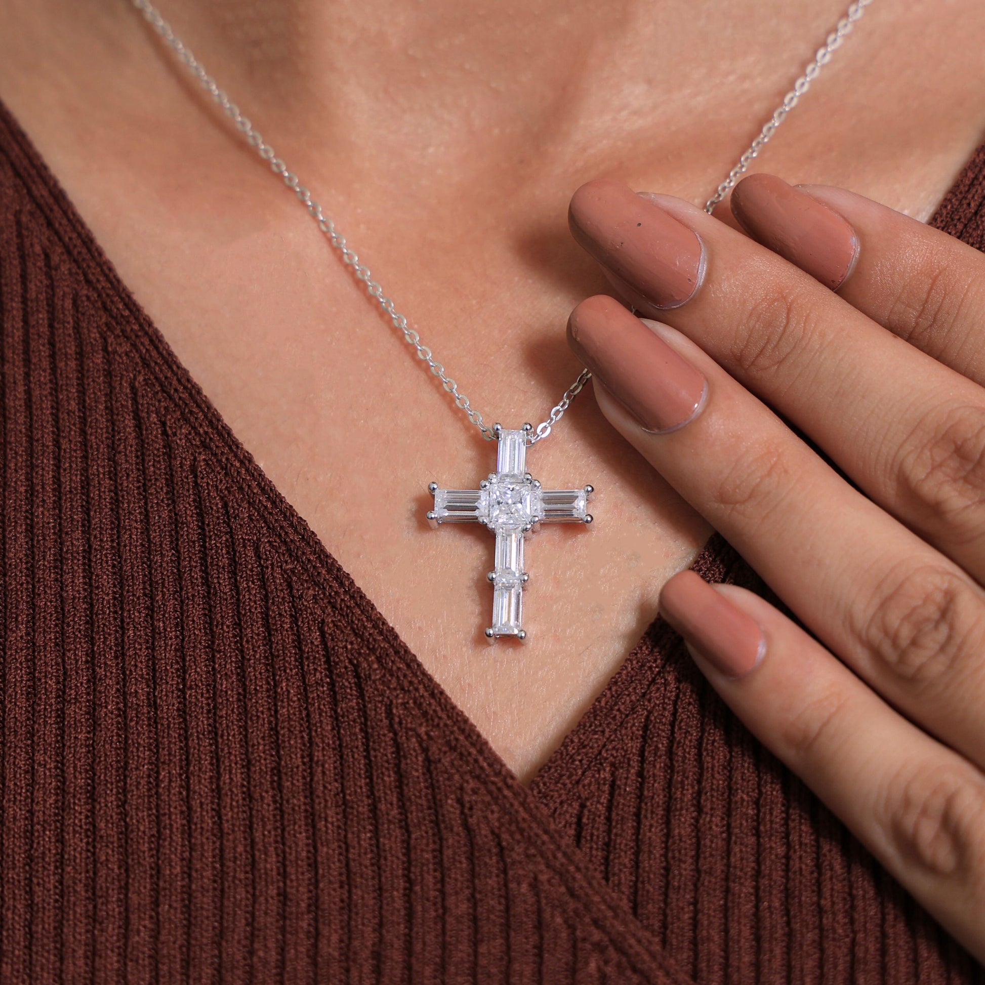 Elegant Baguette & Princess Cut Cross Modern Pendant in Lab Diamond 14k Solid Gold, Wedding Gift for Women, Jesus Cross Jewelry