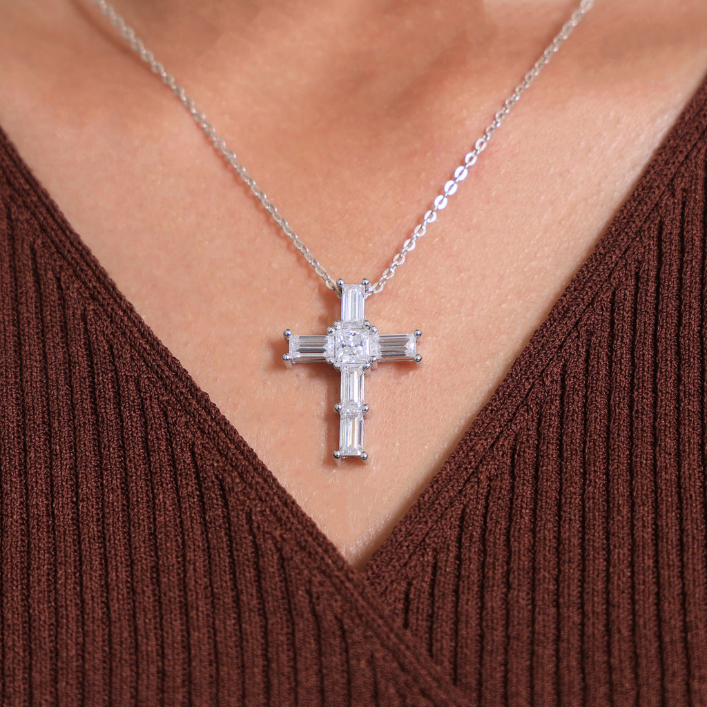 Elegant Baguette & Princess Cut Cross Modern Pendant in Lab Diamond 14k Solid Gold, Wedding Gift for Women, Jesus Cross Jewelry