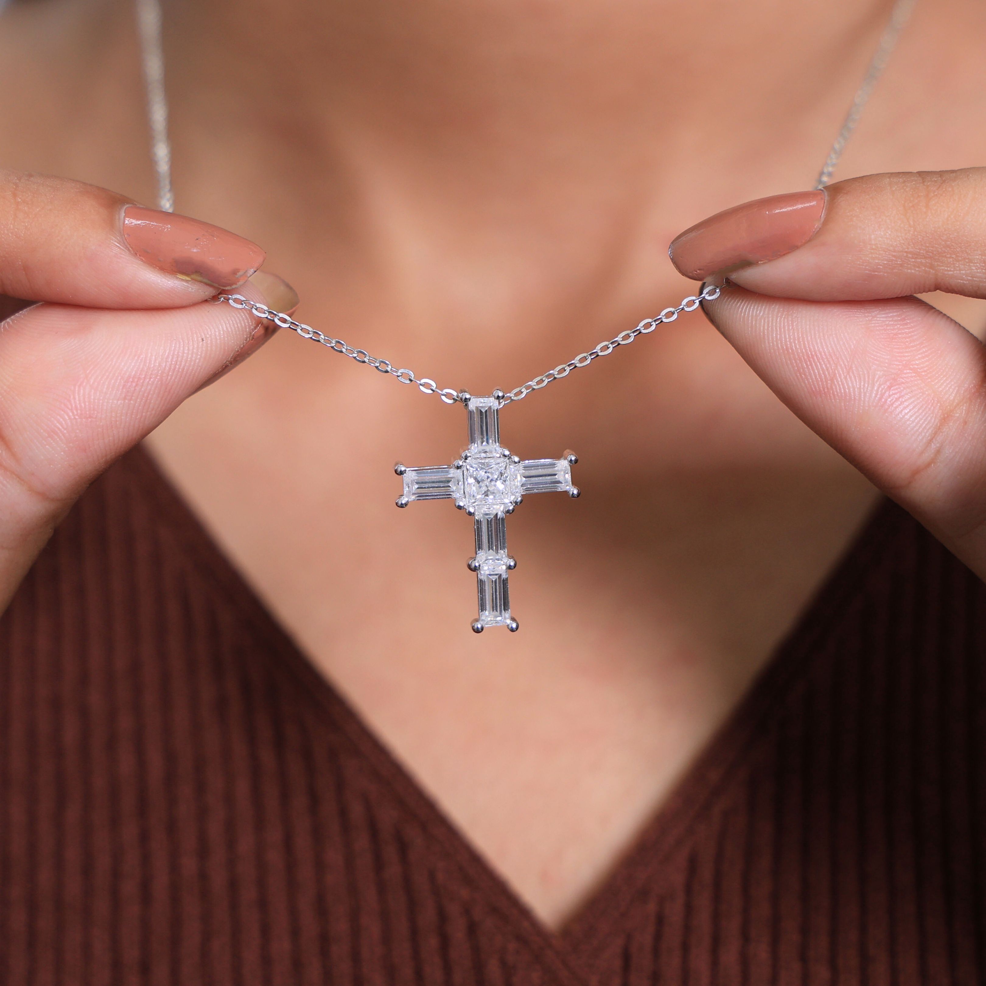 Elegant Baguette & Princess Cut Cross Modern Pendant in Lab Diamond 14k Solid Gold, Wedding Gift for Women, Jesus Cross Jewelry