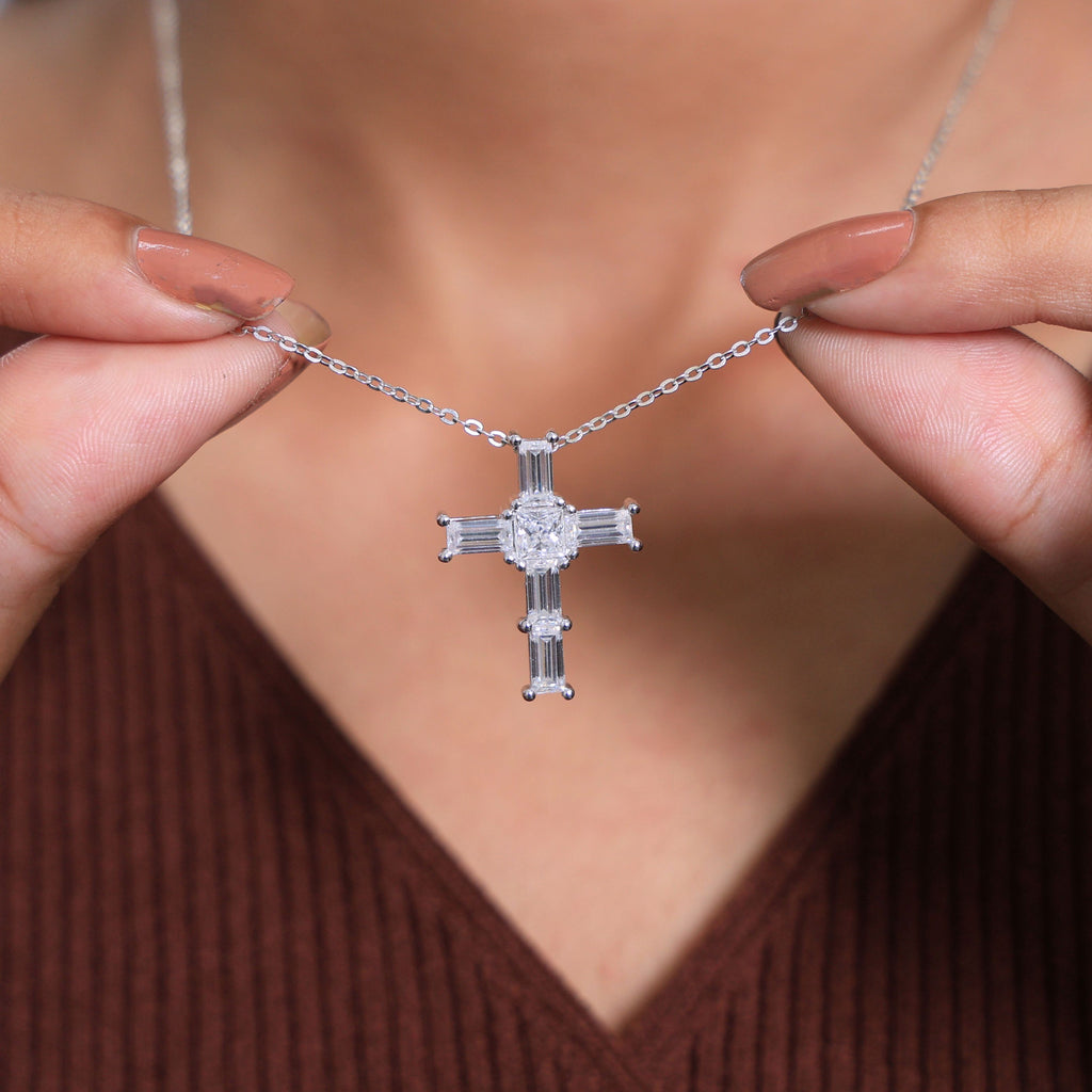 Elegant Baguette & Princess Cut Cross Modern Pendant in Lab Diamond 14k Solid Gold, Wedding Gift for Women, Jesus Cross Jewelry
