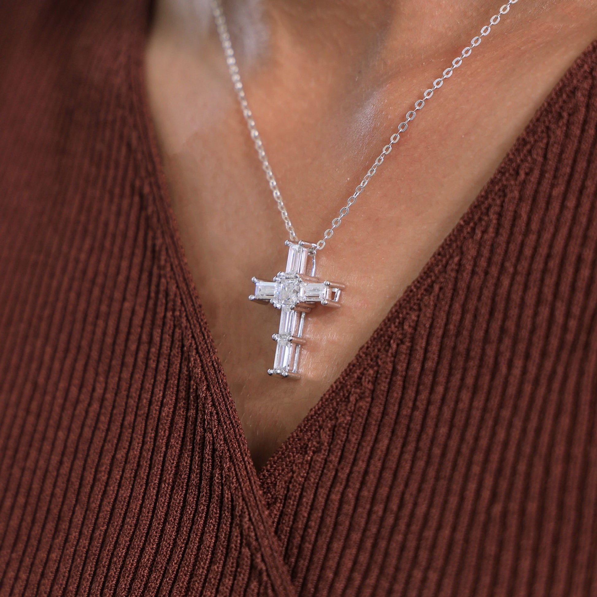 Elegant Baguette & Princess Cut Cross Modern Pendant in Lab Diamond 14k Solid Gold, Wedding Gift for Women, Jesus Cross Jewelry