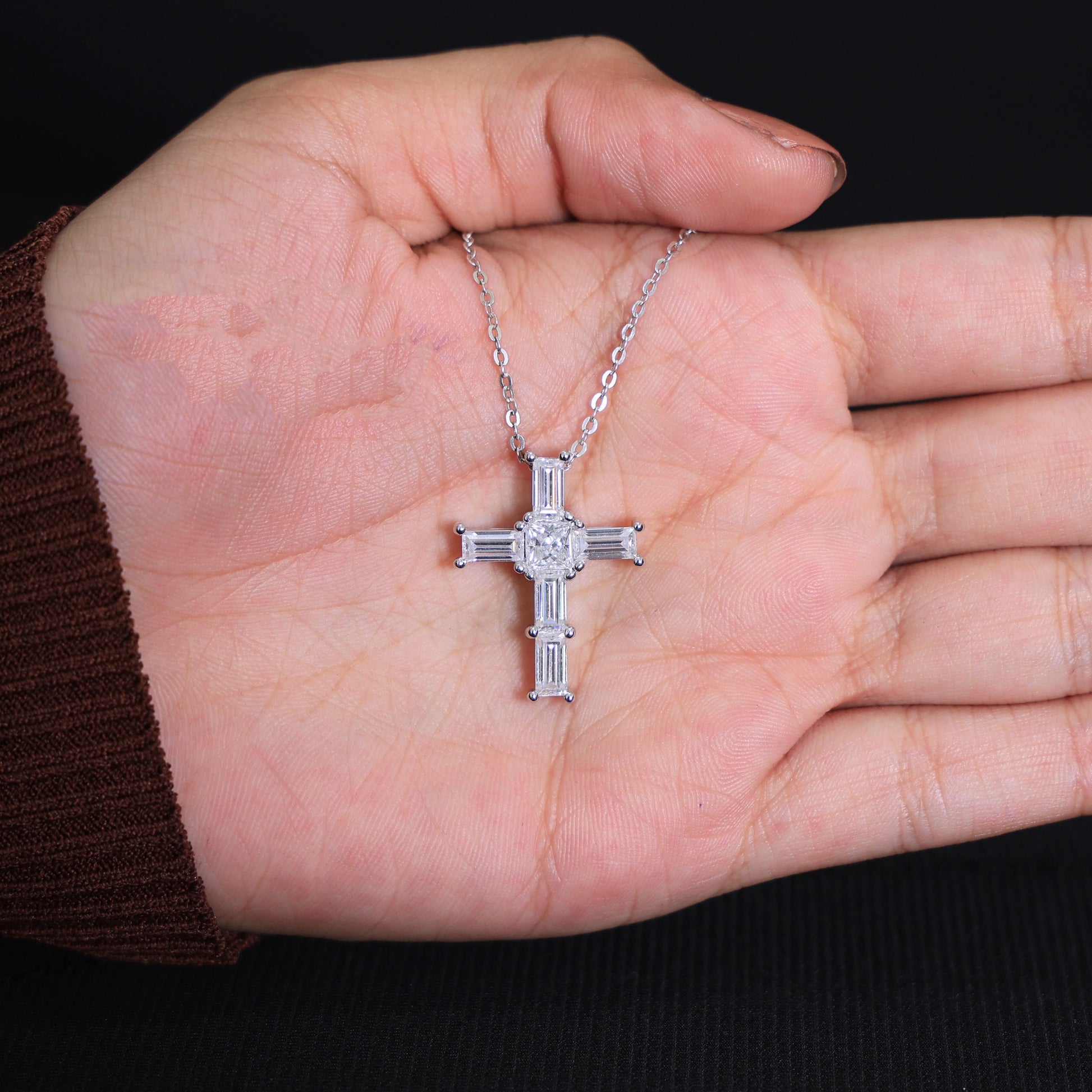 Elegant Baguette & Princess Cut Cross Modern Pendant in Lab Diamond 14k Solid Gold, Wedding Gift for Women, Jesus Cross Jewelry