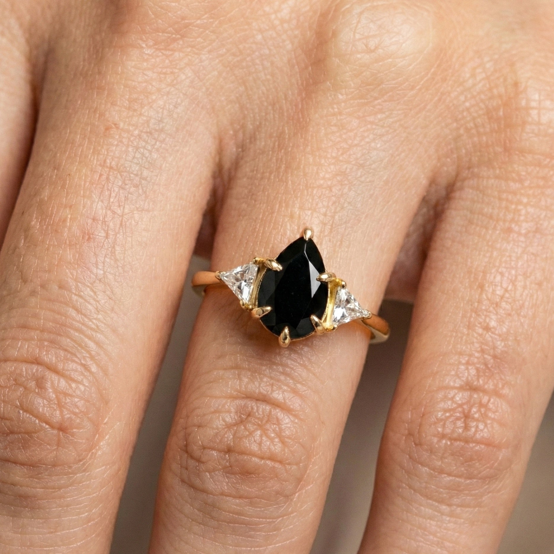 Modern Black Pear Cut Trillion Side Stone Trilogy Engagement Ring in 14K Solid Gold, 1.00 CT Pear Cut Black Gemstone, Handmade Bridal Jewelry