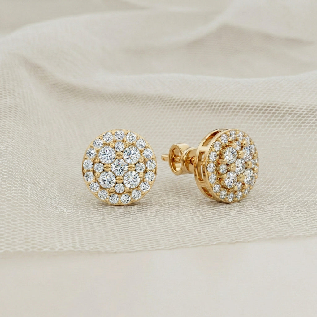 Stunning Round Cluster Stud Wedding Earrings in Lab Diamond-14K Solid Gold, Bridal Jewelry, Anniversary Gift For Women