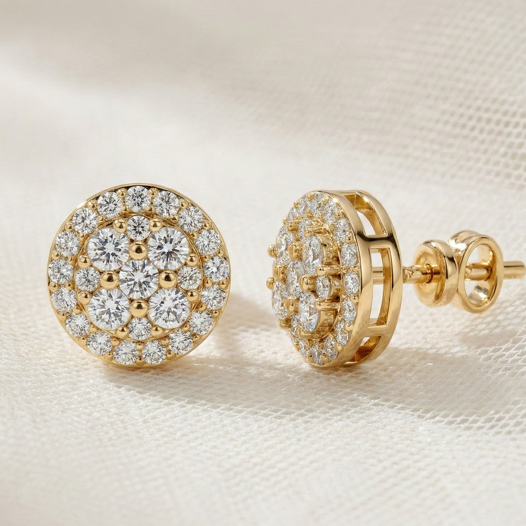 Stunning Round Cluster Stud Wedding Earrings in Lab Diamond-14K Solid Gold, Bridal Jewelry, Anniversary Gift For Women