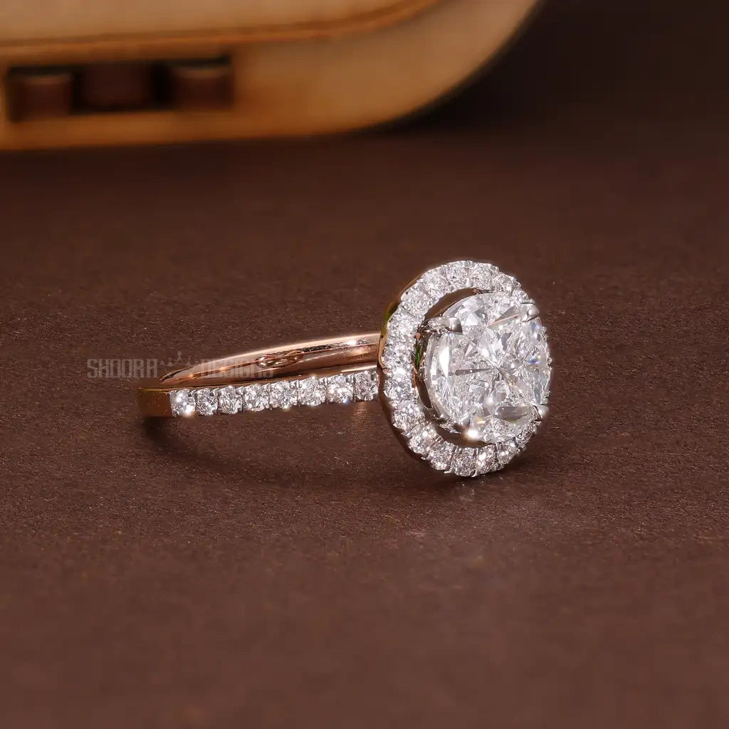 Pie-Cut Round Halo Pave Engagement Ring 14k Solid Gold, Round Cut Natural Diamonds, Handmade Bridal Jewelry, Anniversary Gift for Wife