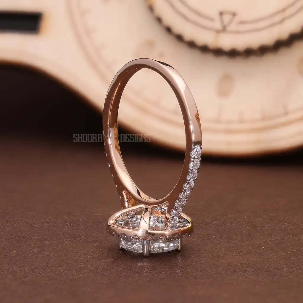 Pie-Cut Round Halo Pave Engagement Ring 14k Solid Gold, Round Cut Natural Diamonds, Handmade Bridal Jewelry, Anniversary Gift for Wife