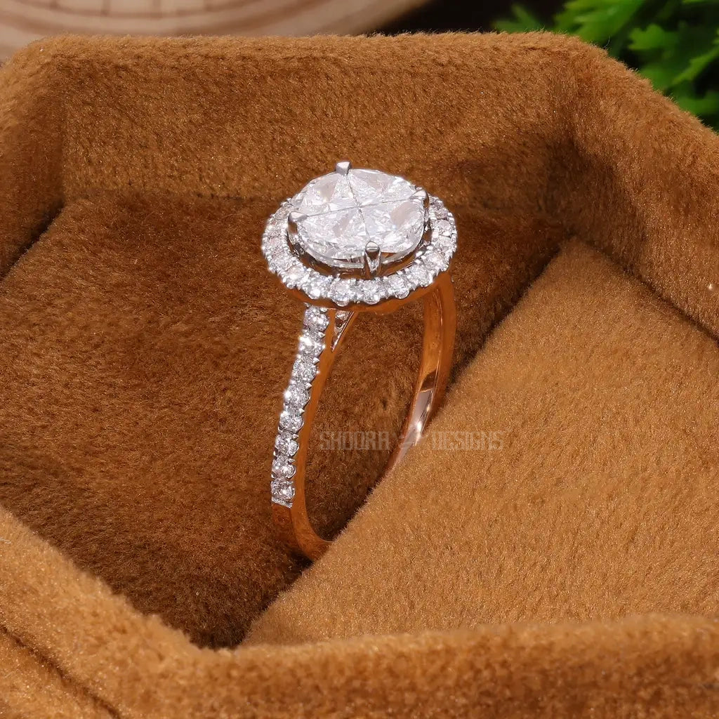 Pie-Cut Round Halo Pave Engagement Ring 14k Solid Gold, Round Cut Natural Diamonds, Handmade Bridal Jewelry, Anniversary Gift for Wife