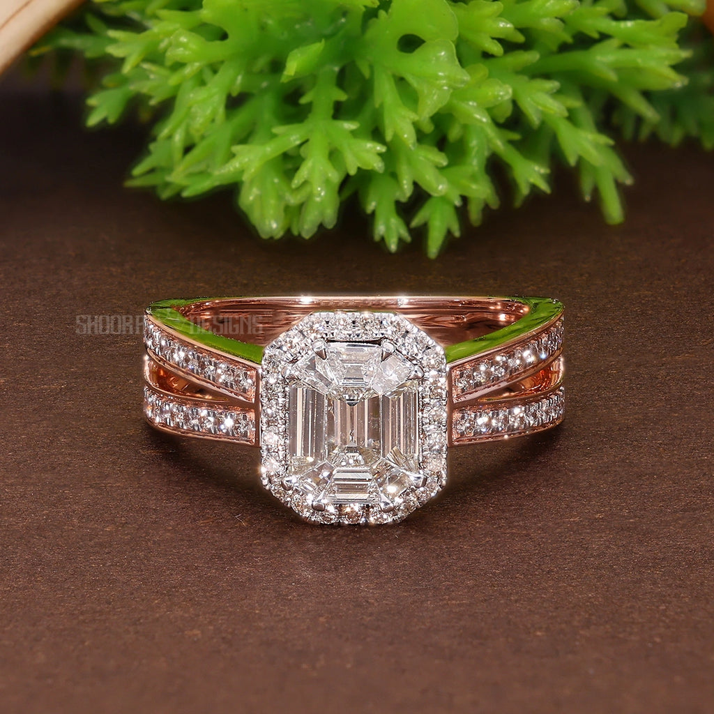 Emerald Cut Pie-Cut Illusion Halo Split Shank Engagement Ring in Natural Diamond – 18K Solid Gold, Anniversary Gift for Wife, Bridal Jewelry