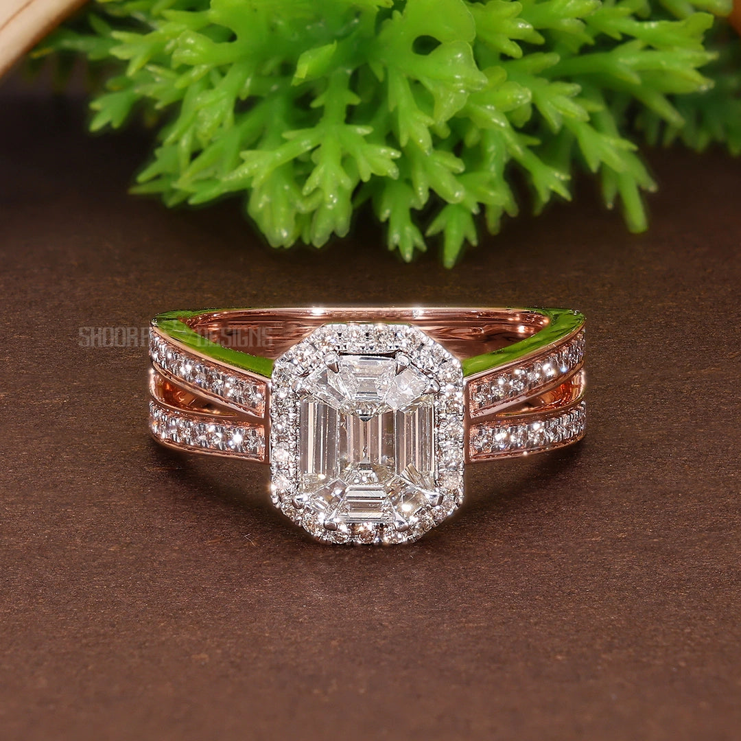Emerald Cut Pie-Cut Illusion Halo Split Shank Engagement Ring in Natural Diamond – 18K Solid Gold, Anniversary Gift for Wife, Bridal Jewelry
