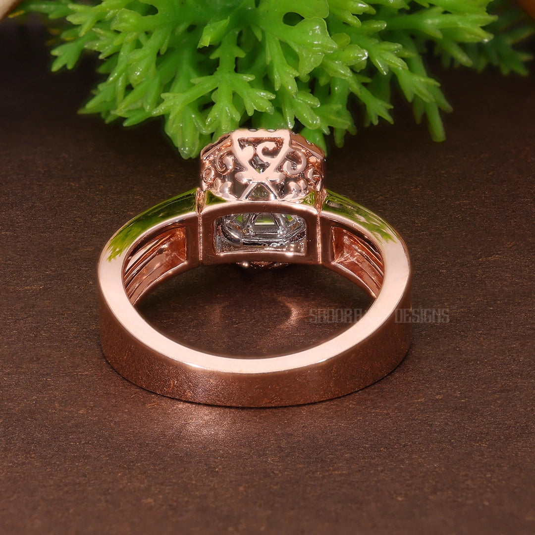Emerald Cut Pie-Cut Illusion Halo Split Shank Engagement Ring in Natural Diamond – 18K Solid Gold, Anniversary Gift for Wife, Bridal Jewelry