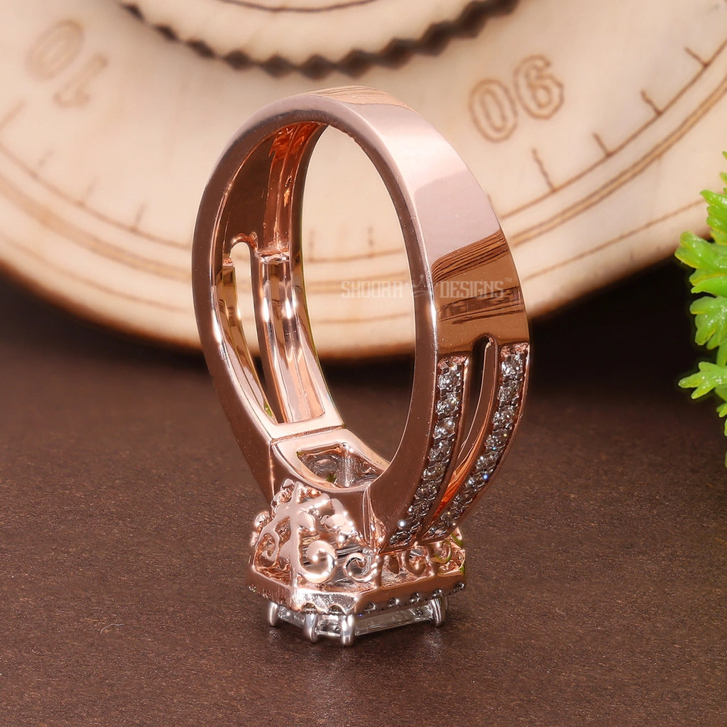 Emerald Cut Pie-Cut Illusion Halo Split Shank Engagement Ring in Natural Diamond – 18K Solid Gold, Anniversary Gift for Wife, Bridal Jewelry