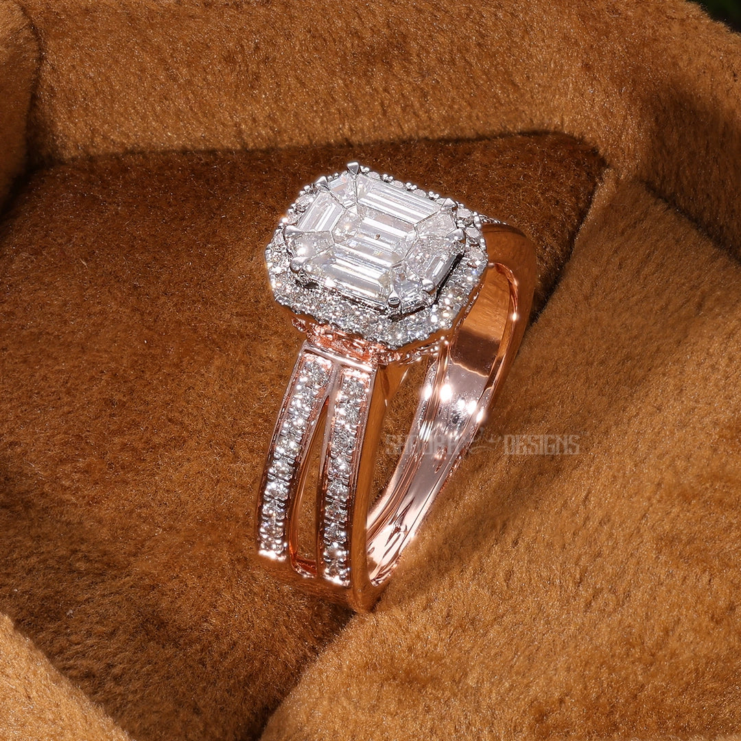 Emerald Cut Pie-Cut Illusion Halo Split Shank Engagement Ring in Natural Diamond – 18K Solid Gold, Anniversary Gift for Wife, Bridal Jewelry
