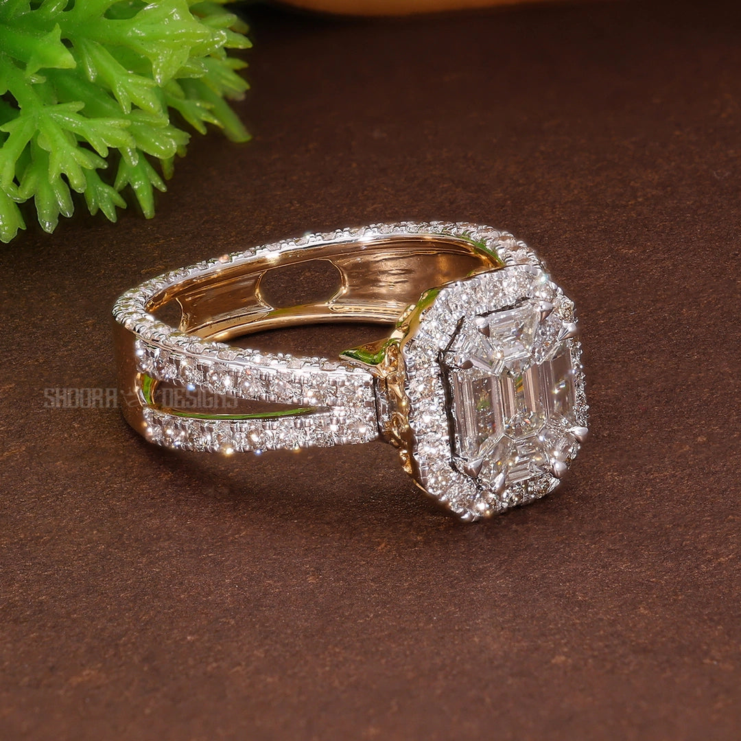 Modern Pie Cut Illusion Halo Pave Engagement Ring in Natural Diamond – 14k Solid Gold, Gift for Wife, Bridal Jewelry, Double Eternity Unique Ring