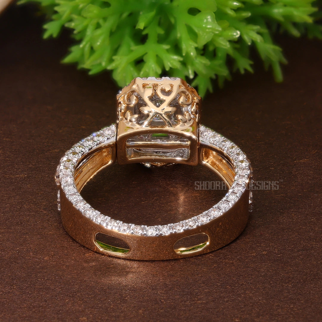 Modern Pie Cut Illusion Halo Pave Engagement Ring in Natural Diamond – 14k Solid Gold, Gift for Wife, Bridal Jewelry, Double Eternity Unique Ring