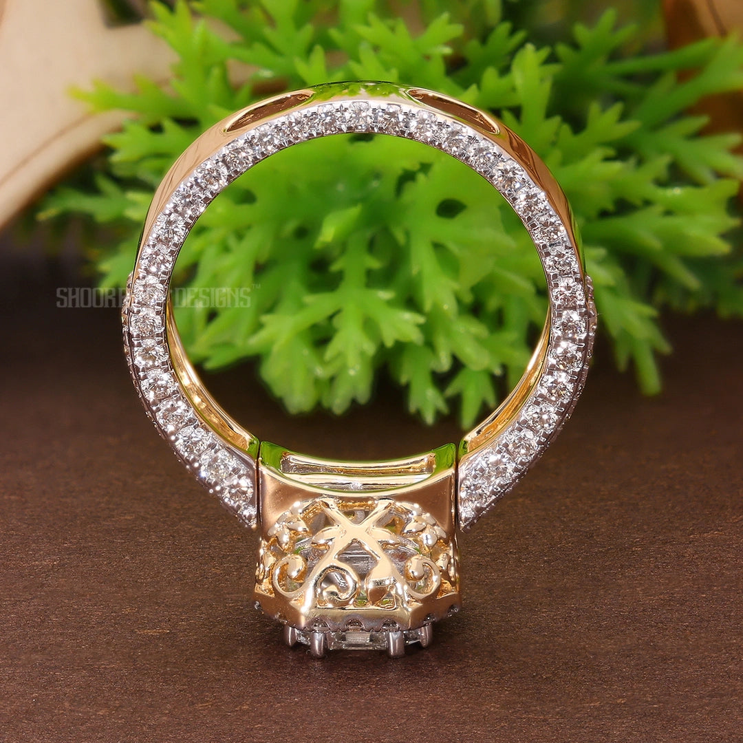 Modern Pie Cut Illusion Halo Pave Engagement Ring in Natural Diamond – 14k Solid Gold, Gift for Wife, Bridal Jewelry, Double Eternity Unique Ring