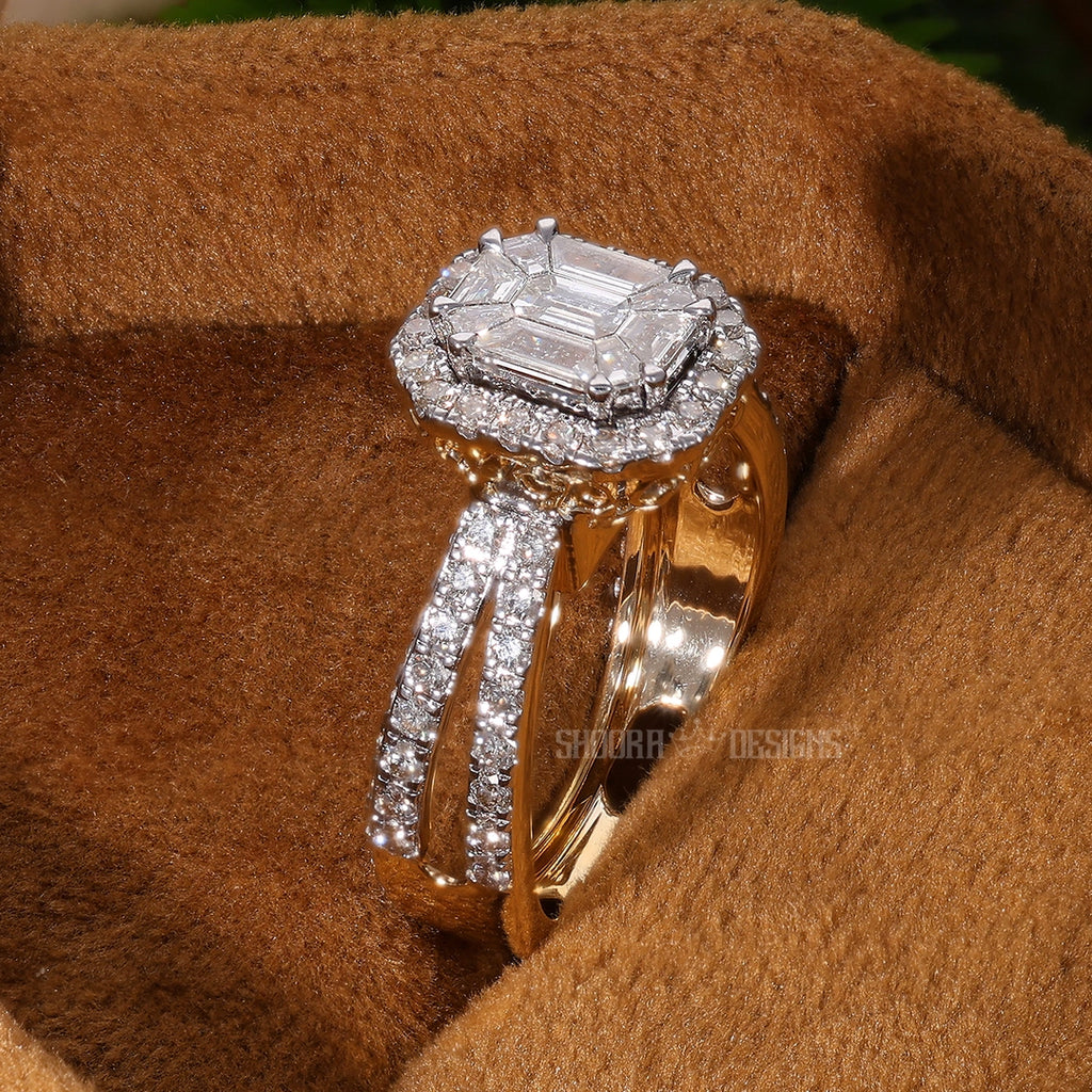 Modern Pie Cut Illusion Halo Pave Engagement Ring in Natural Diamond – 14k Solid Gold, Gift for Wife, Bridal Jewelry, Double Eternity Unique Ring