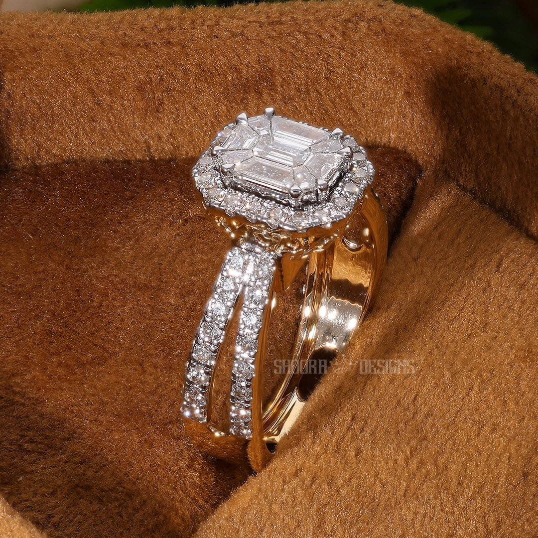 Modern Pie Cut Illusion Halo Pave Engagement Ring in Natural Diamond – 14k Solid Gold, Gift for Wife, Bridal Jewelry, Double Eternity Unique Ring