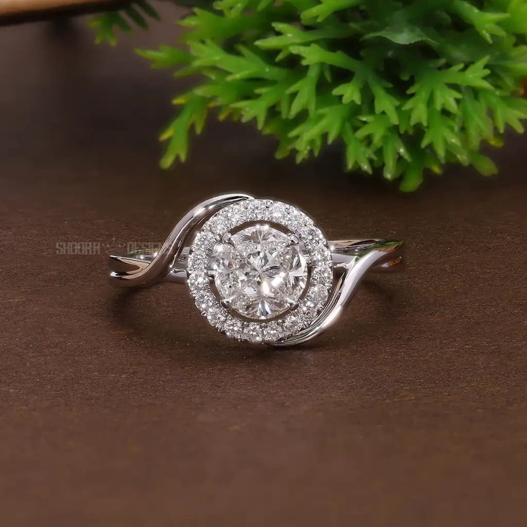 Round Cut Illusion Pie-Cut Halo Bypass Engagement Ring in 9K Solid Gold, 0.59 TCW Round Cut Natural Diamond Unique Ring, Anniversary Gift for Wife, Handmade Jewelry
