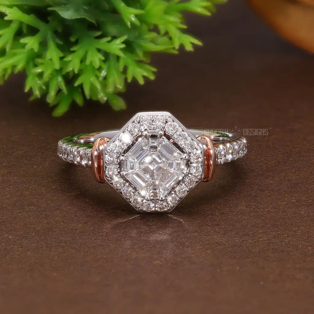 Two Tone Hexagon Shaped Asscher Cut Illusion Halo Pave Engagement Ring in Natural Diamond – 14K Solid Gold, Handmade Bridal Jewelry, Halo Pave Pie-Cut Wedding Ring For Women