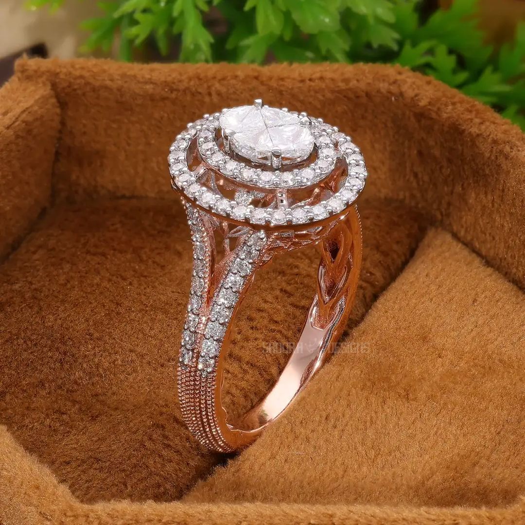 Illusion Double Halo Pavé Oval Engagement Ring in Natural Diamond – 14k Solid Gold, Wedding Gift for Women, Everyday Jewelry