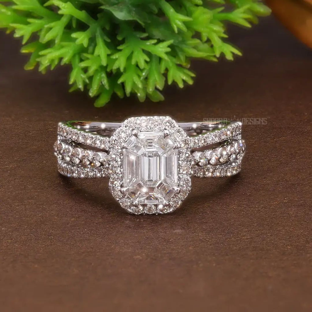 Emerald Cut Pie-Cut Natural Diamond Double Halo Pave Engagement Ring in 14K Solid Gold, Three Row Pave Illusion Ring, Handmade Bridal Jewelry