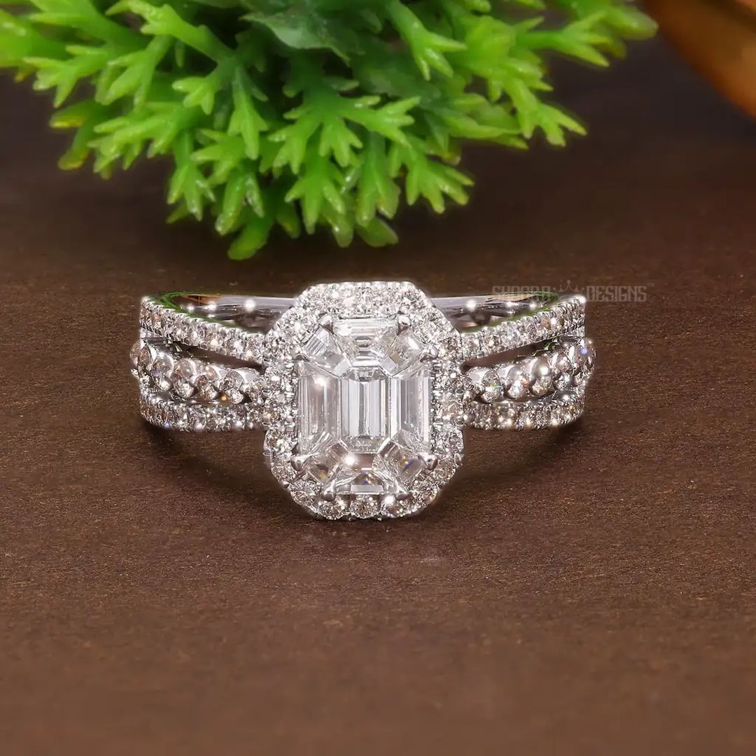 Emerald Cut Pie-Cut Natural Diamond Double Halo Pave Engagement Ring in 14K Solid Gold, Three Row Pave Illusion Ring, Handmade Bridal Jewelry