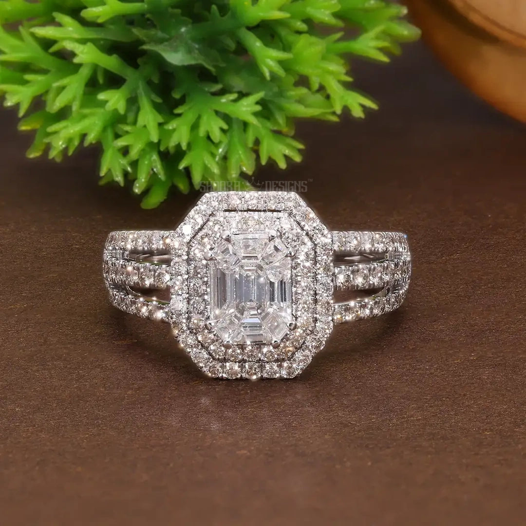 Emerald Cut Illusion Double Halo Pave Wedding Ring in Natural Diamond – 14k Solid Gold, Unique Three Row Pave Engagement Ring, Gift for Women, Handmade Jewelry