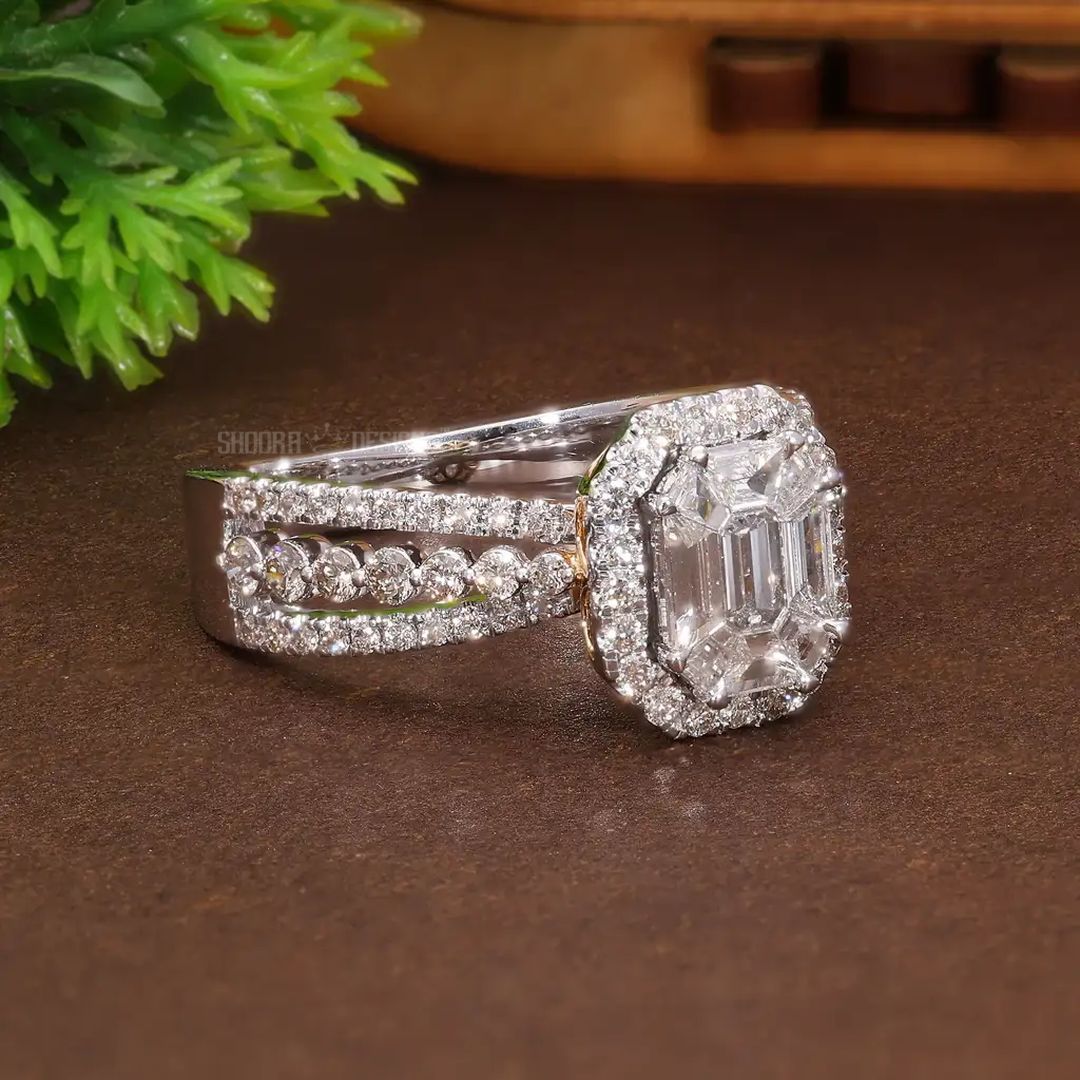 Emerald Cut Pie-Cut Natural Diamond Double Halo Pave Engagement Ring in 14K Solid Gold, Three Row Pave Illusion Ring, Handmade Bridal Jewelry