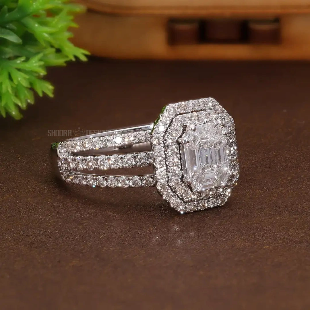 Emerald Cut Illusion Double Halo Pave Wedding Ring in Natural Diamond – 14k Solid Gold, Unique Three Row Pave Engagement Ring, Gift for Women, Handmade Jewelry