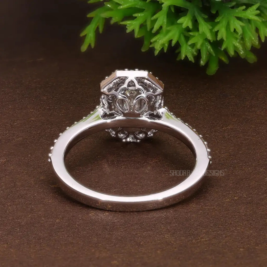 Illusion Emerald Halo Pave Engagement Ring in 14k Solid Gold, emerald-cut illusion center made of meticulously arranged natural or lab-grown diamonds, Birthday Gift For Women