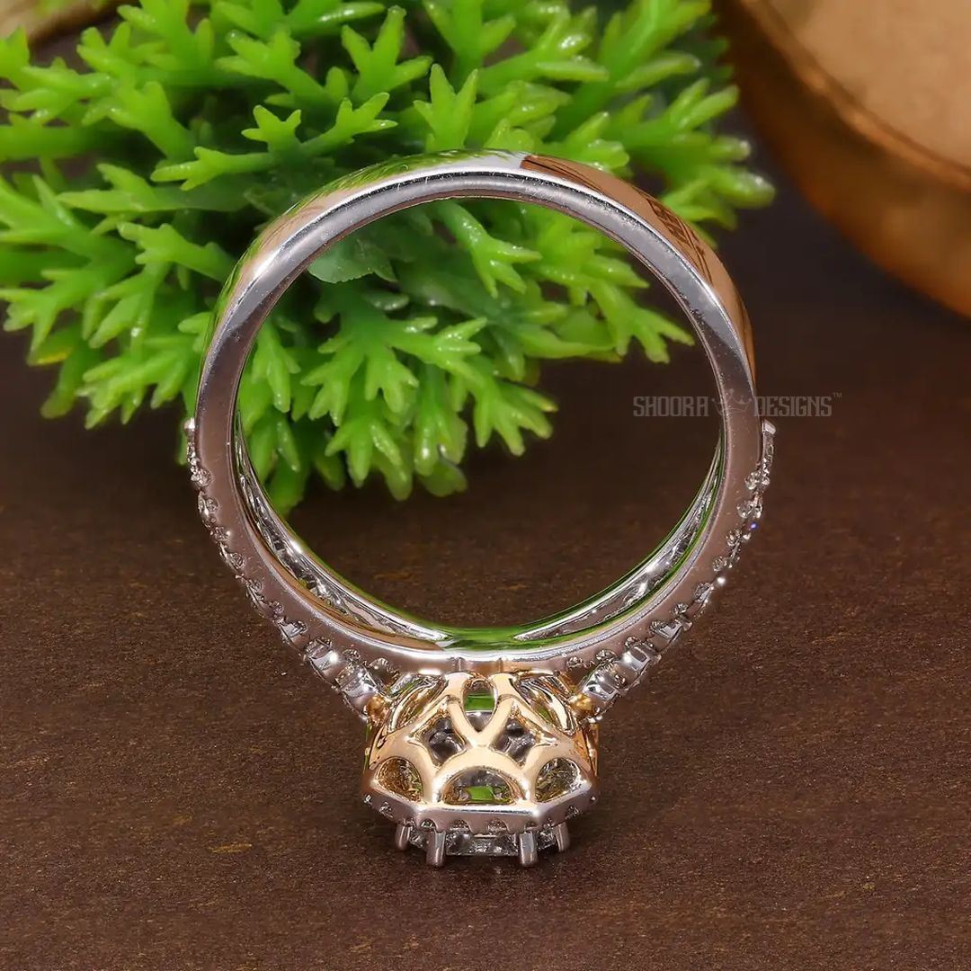 Emerald Cut Pie-Cut Natural Diamond Double Halo Pave Engagement Ring in 14K Solid Gold, Three Row Pave Illusion Ring, Handmade Bridal Jewelry