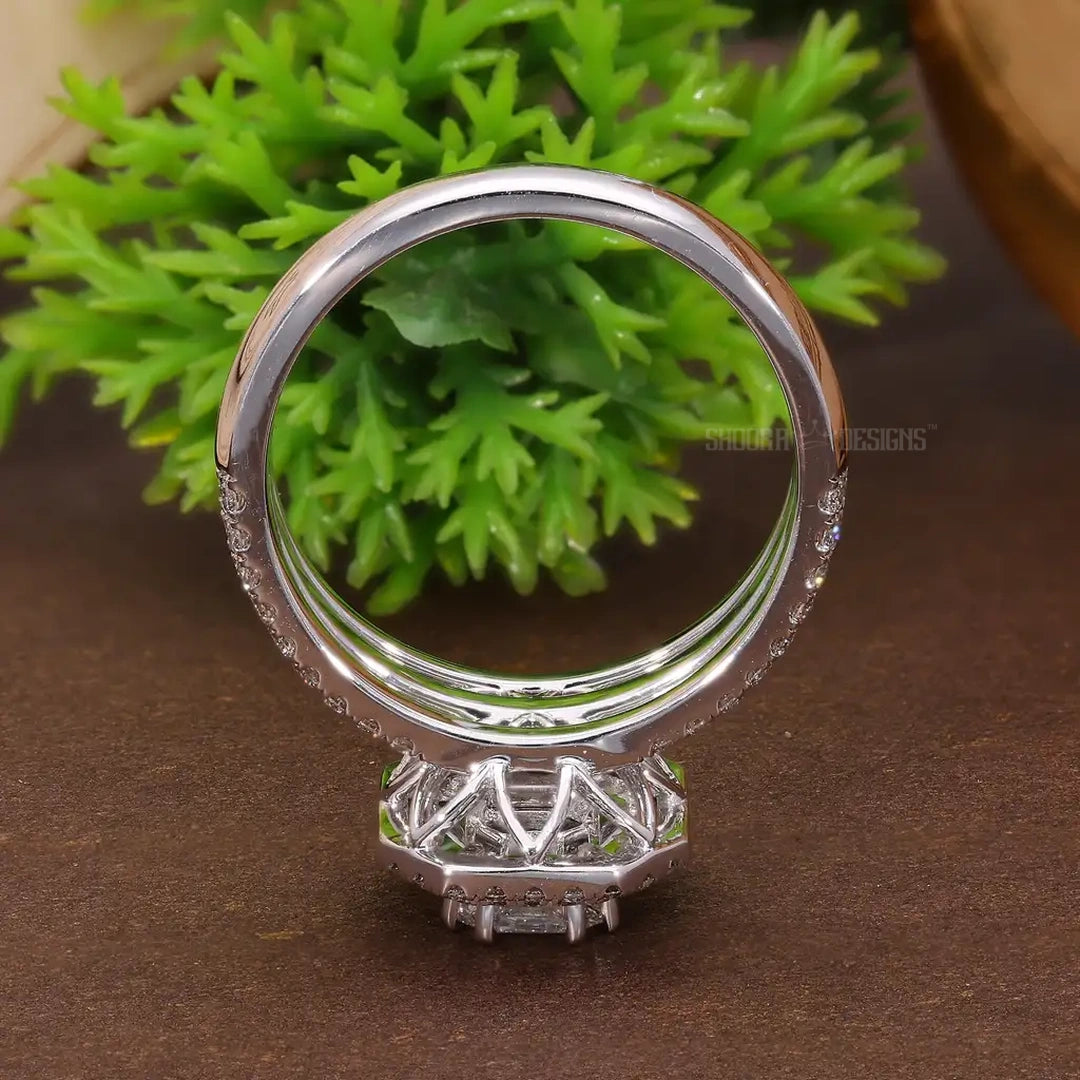 Emerald Cut Illusion Double Halo Pave Wedding Ring in Natural Diamond – 14k Solid Gold, Unique Three Row Pave Engagement Ring, Gift for Women, Handmade Jewelry