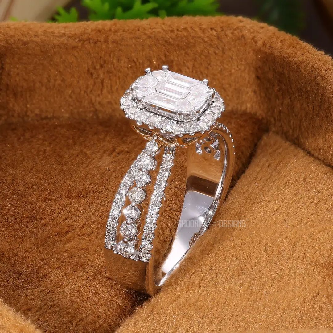 Emerald Cut Pie-Cut Natural Diamond Double Halo Pave Engagement Ring in 14K Solid Gold, Three Row Pave Illusion Ring, Handmade Bridal Jewelry