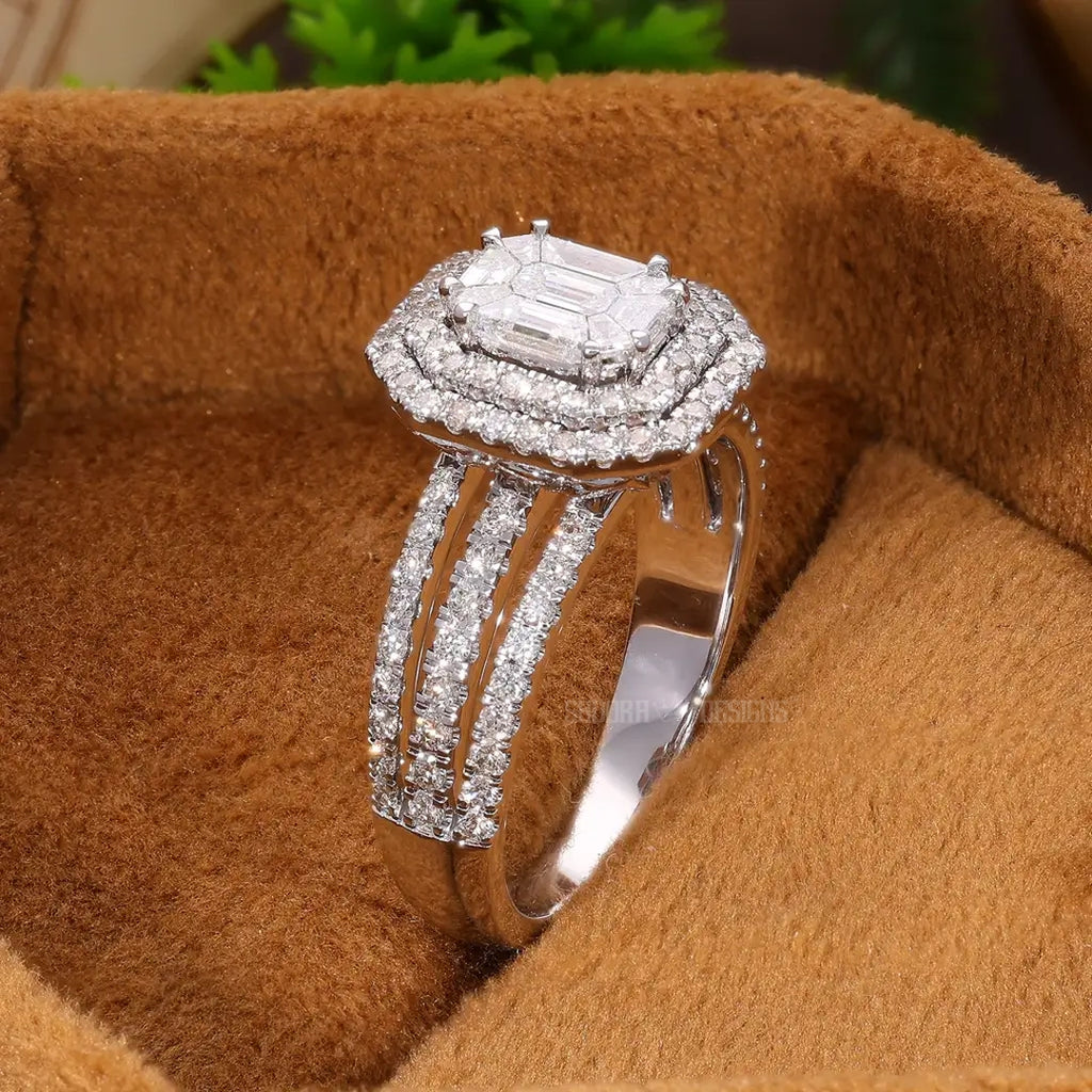 Emerald Cut Illusion Double Halo Pave Wedding Ring in Natural Diamond – 14k Solid Gold, Unique Three Row Pave Engagement Ring, Gift for Women, Handmade Jewelry