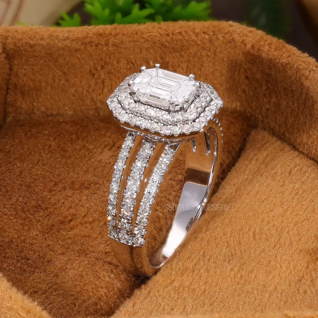 Emerald Cut Illusion Double Halo Pave Wedding Ring in Natural Diamond – 14k Solid Gold, Unique Three Row Pave Engagement Ring, Gift for Women, Handmade Jewelry