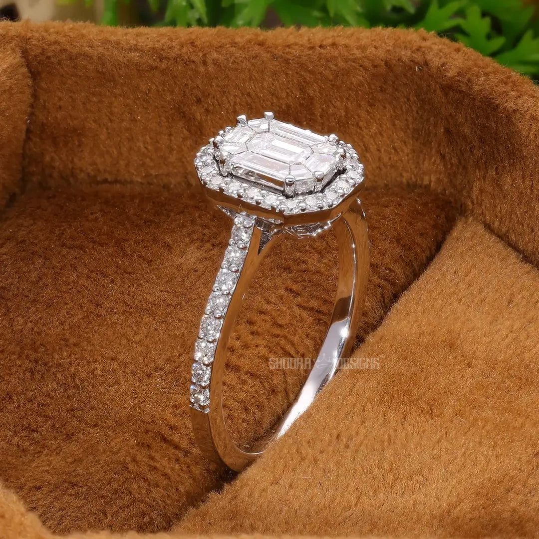 Illusion Emerald Halo Pave Engagement Ring in 14k Solid Gold, emerald-cut illusion center made of meticulously arranged natural or lab-grown diamonds, Birthday Gift For Women