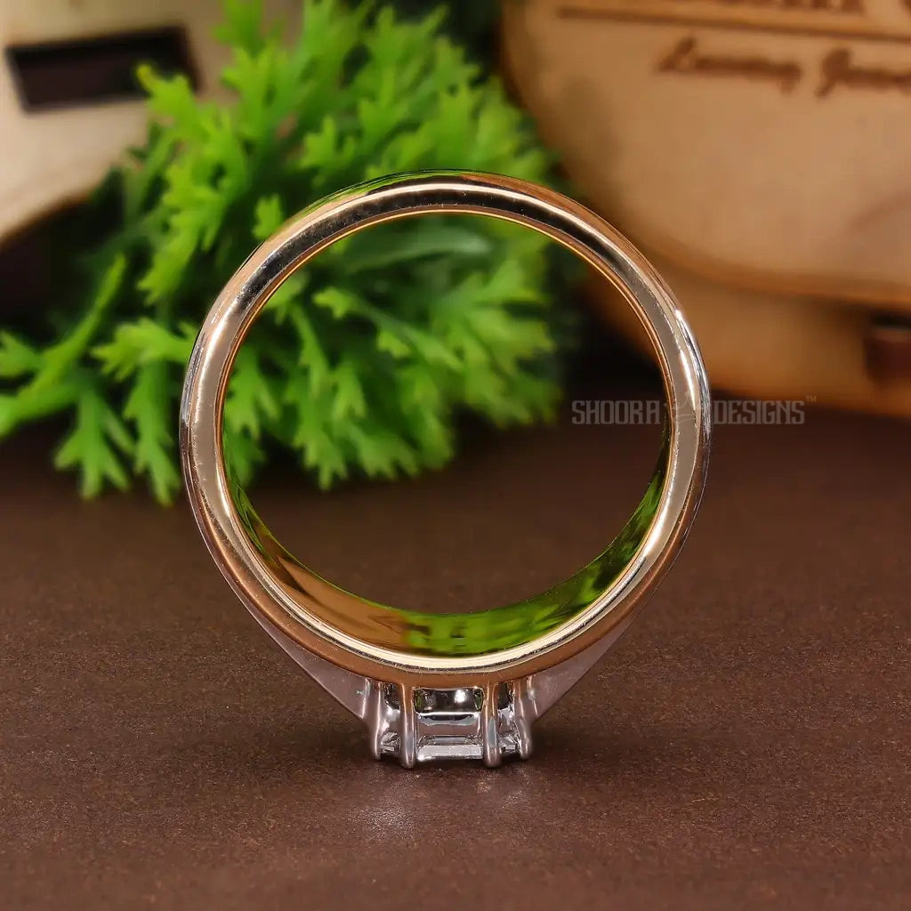 Illusion Emerald Cut Checkered Band Wedding Solitaire Ring in Natural Diamond – 14k Solid Gold, Handmade Everyday Ring For Him