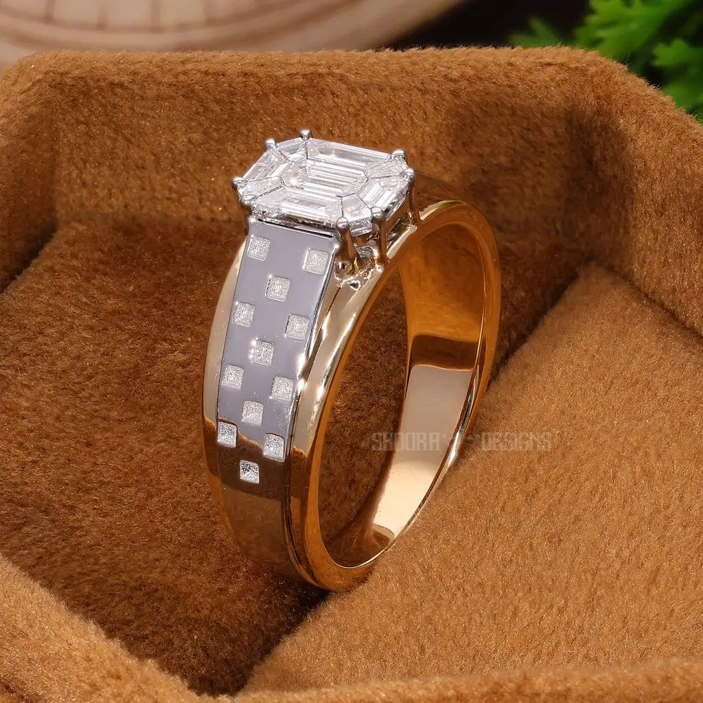 Illusion Emerald Cut Checkered Band Wedding Solitaire Ring in Natural Diamond – 14k Solid Gold, Handmade Everyday Ring For Him
