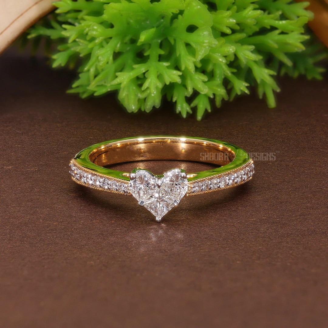 Illusion Heart Pave Wedding Ring in Natural Diamond – 14k Solid Gold, Engagement Ring Gift for Women, Everyday Jewelry, Handmade Pie-Cut Ring