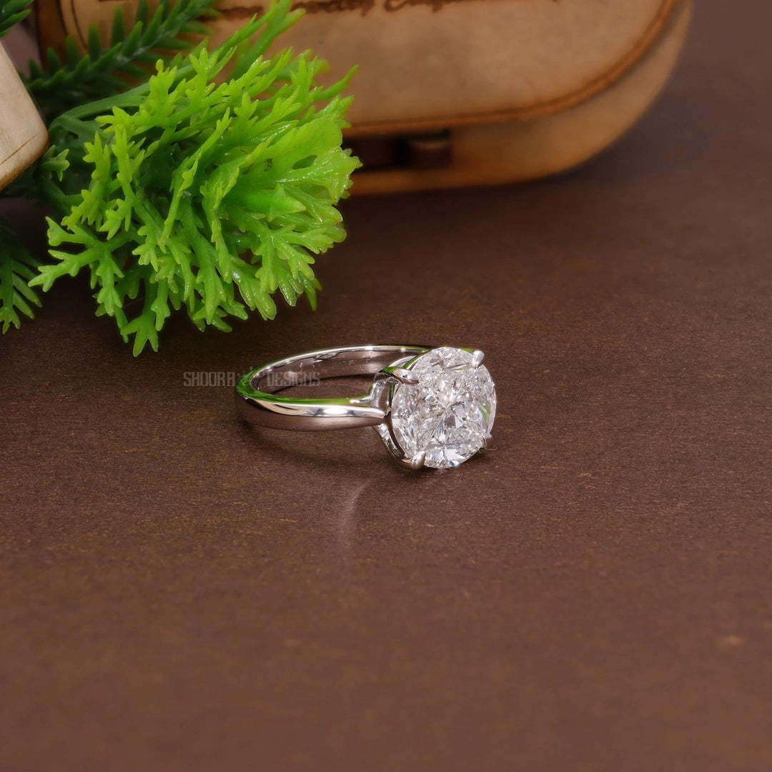 Round Illusion Solitaire Pie-Cut Setting Engagement Ring in Natural Diamond – 14k Solid Gold, Illusion Solitaire Ring For Bridal Gift, Handmade Jewelry