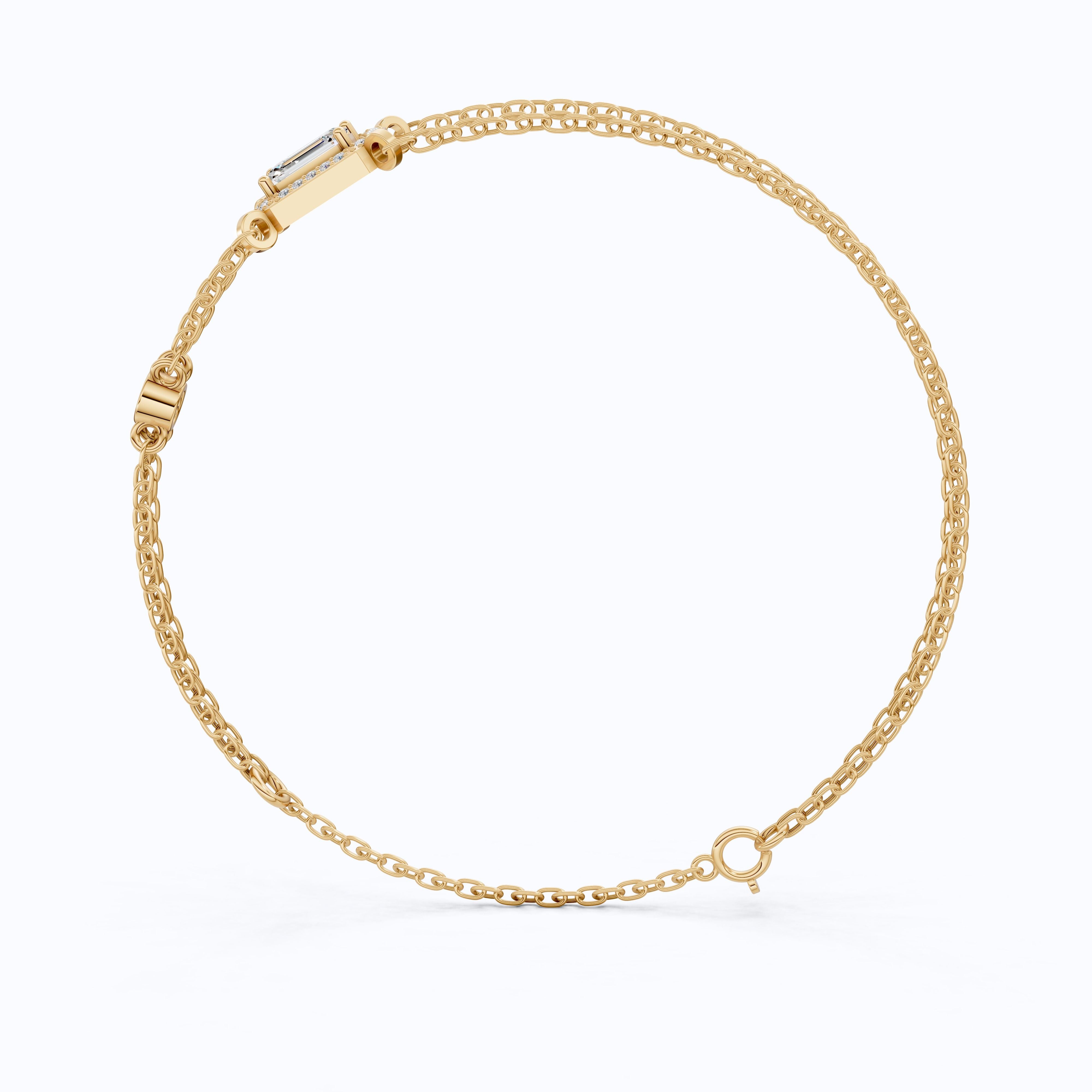 Dainty Emerald Halo Double Chain Bracelet in 14k Solid Gold, 0.75 CT Emerald Cut Lab Grown Diamond, Everyday Bracelet, Wedding Gift for Her