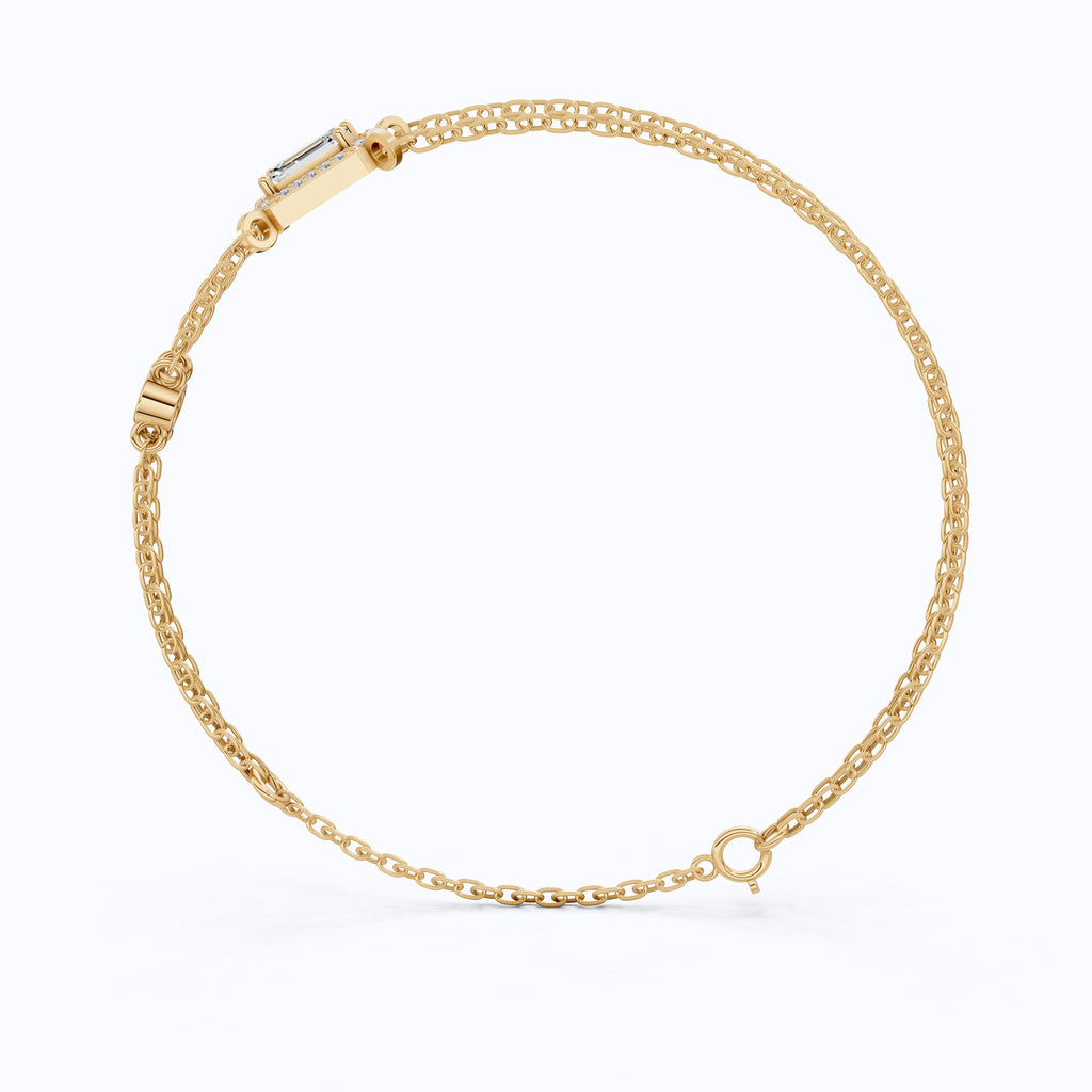 Dainty Emerald Halo Double Chain Bracelet in 14k Solid Gold, 0.75 CT Emerald Cut Lab Grown Diamond, Everyday Bracelet, Wedding Gift for Her