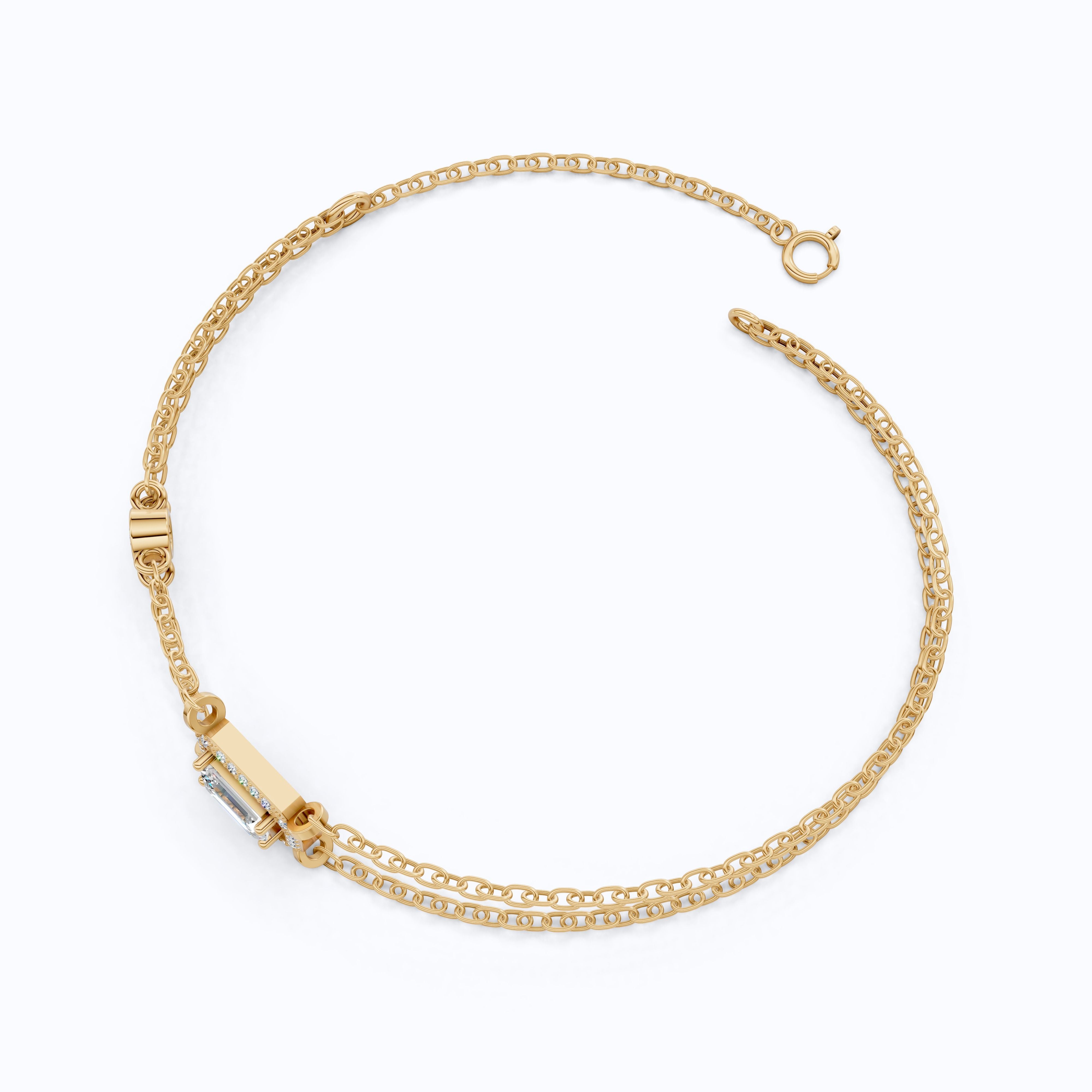 Dainty Emerald Halo Double Chain Bracelet in 14k Solid Gold, 0.75 CT Emerald Cut Lab Grown Diamond, Everyday Bracelet, Wedding Gift for Her