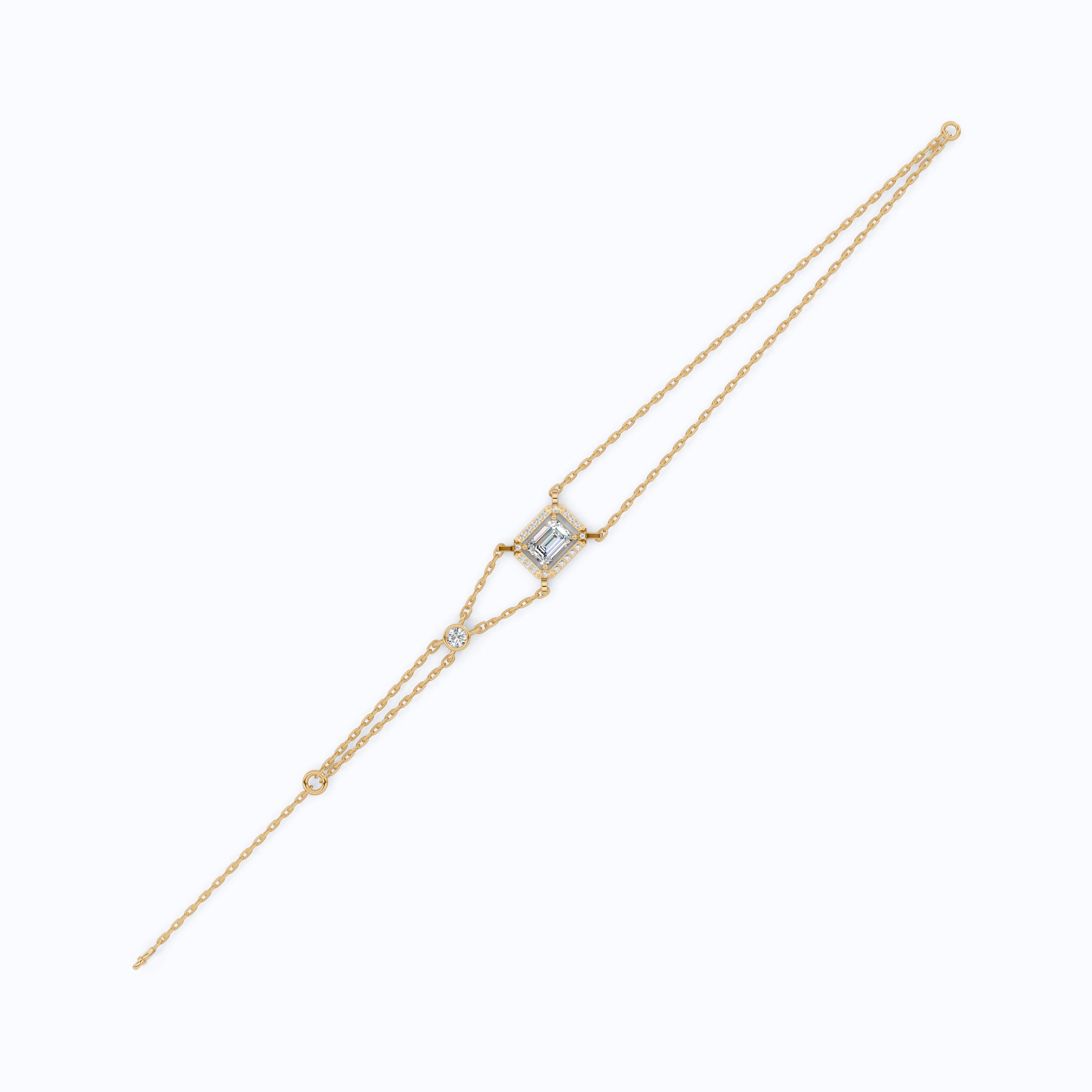 Dainty Emerald Halo Double Chain Bracelet in 14k Solid Gold, 0.75 CT Emerald Cut Lab Grown Diamond, Everyday Bracelet, Wedding Gift for Her