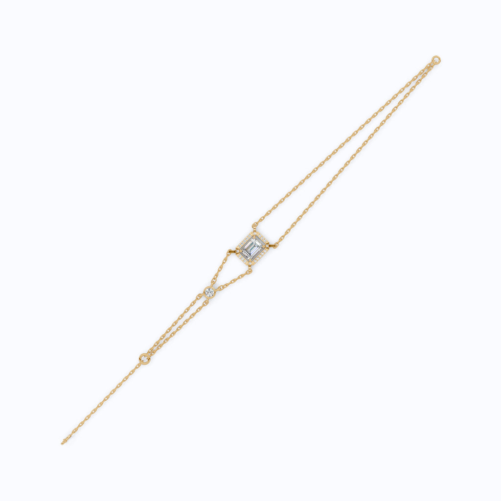 Dainty Emerald Halo Double Chain Bracelet in 14k Solid Gold, 0.75 CT Emerald Cut Lab Grown Diamond, Everyday Bracelet, Wedding Gift for Her