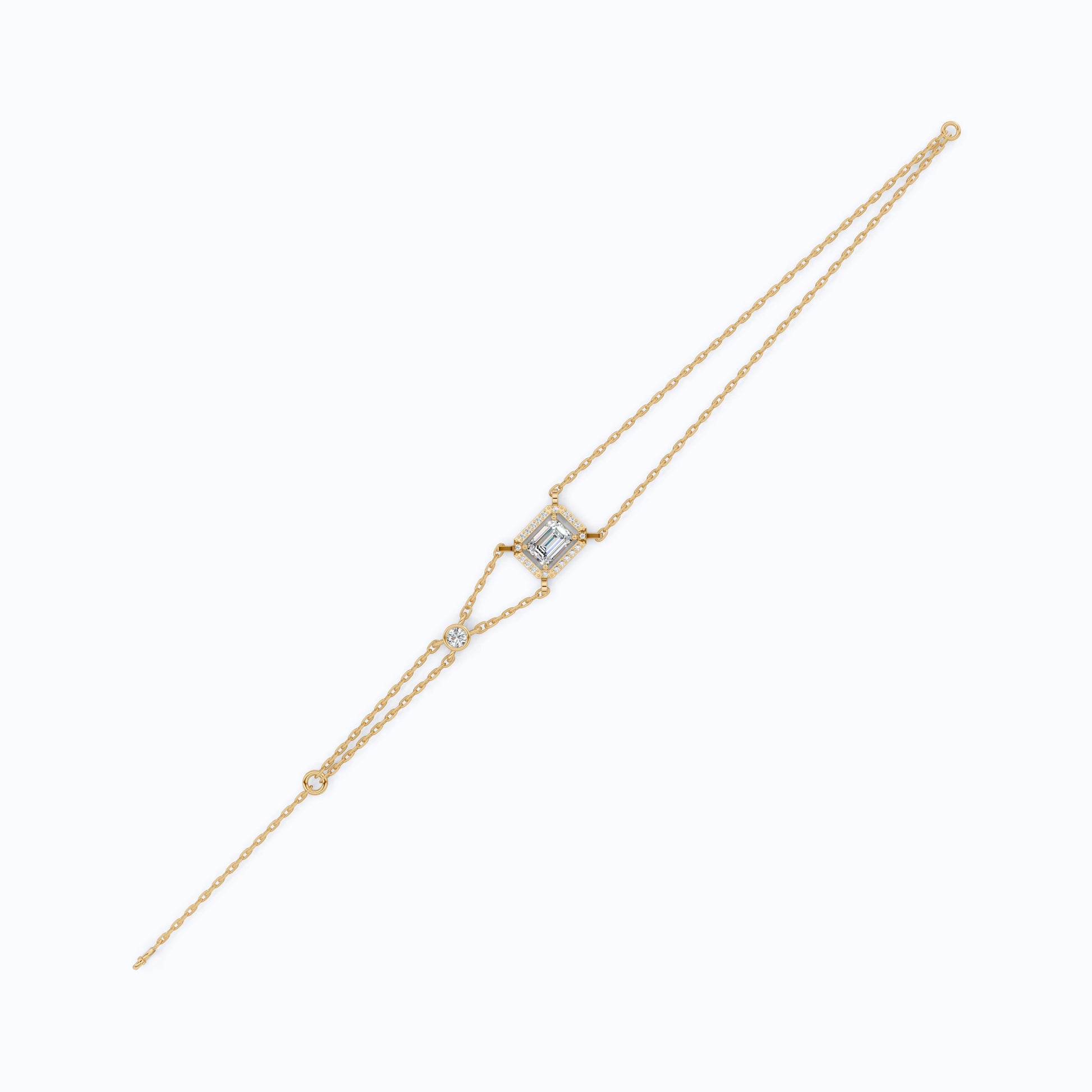 Dainty Emerald Halo Double Chain Bracelet in 14k Solid Gold, 0.75 CT Emerald Cut Lab Grown Diamond, Everyday Bracelet, Wedding Gift for Her