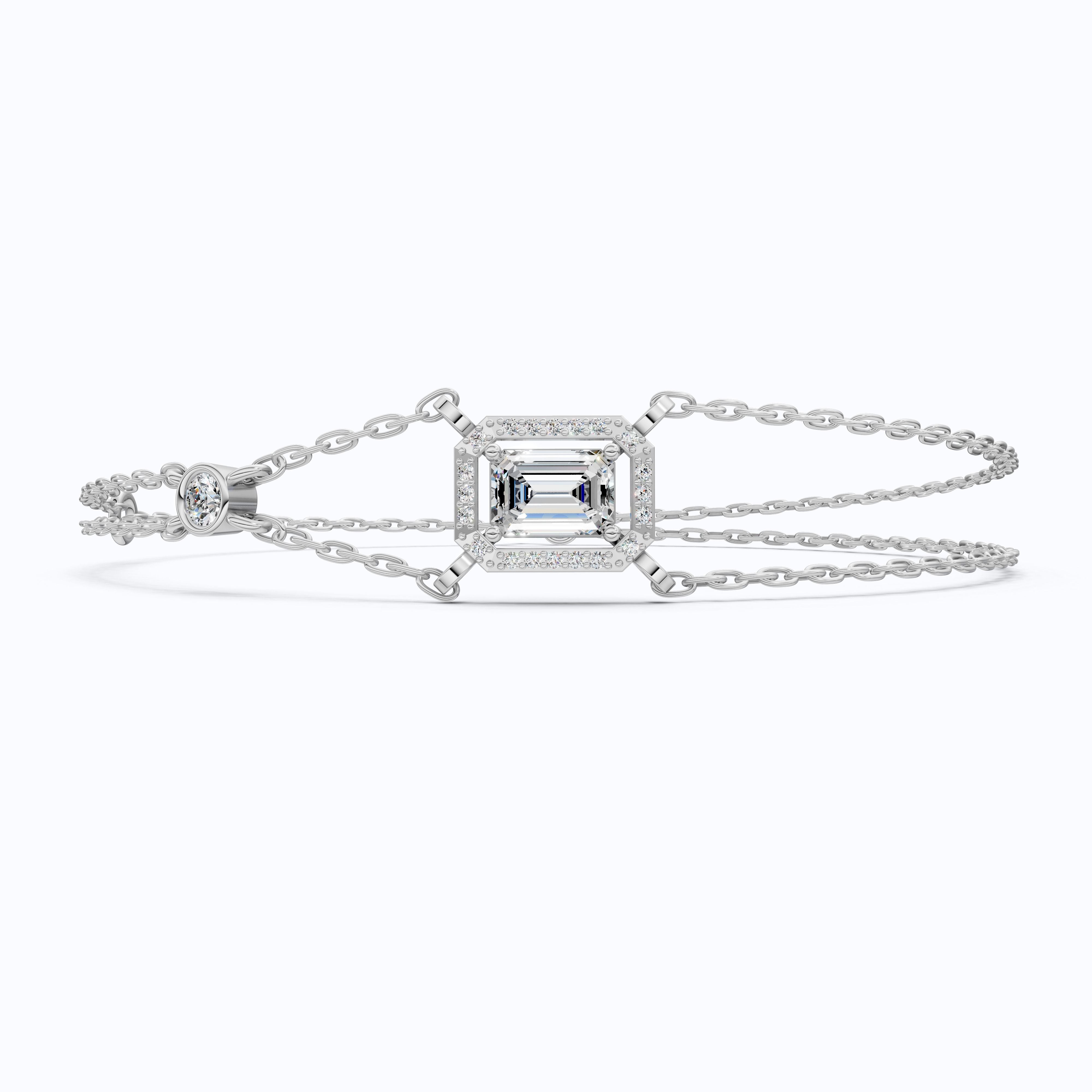 Dainty Emerald Halo Double Chain Bracelet in 14k Solid Gold, 0.75 CT Emerald Cut Lab Grown Diamond, Everyday Bracelet, Wedding Gift for Her